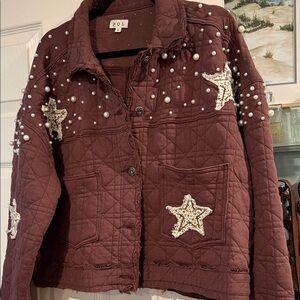 Oversized will fit l xl POL Burgundy Quilted Jacket with Star and Pearl Details
